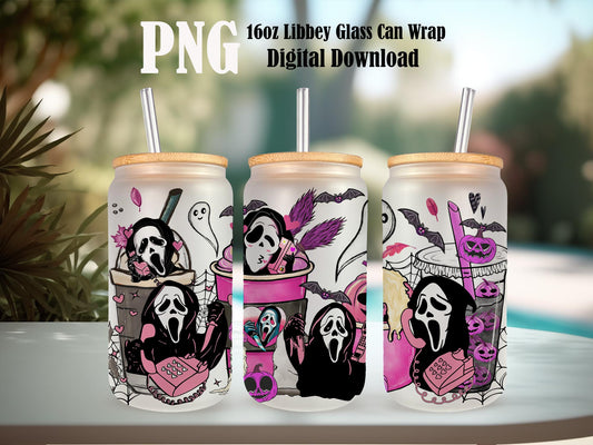 Pink Horror 16oz Glass Can Png, No You Hang Up Png, Ghost Face Halloween Coffee, Fall Coffee, Spooky Season Png