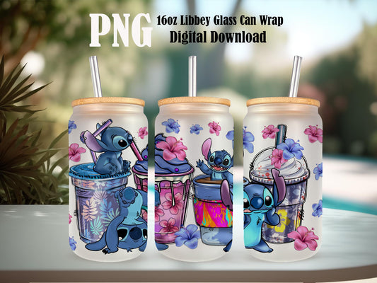 Spring 16 oz Libbey Glass Can PNG, Spring Stitch, Cartoon Coffee Png, Halloween Coffee, Christmas Coffee, Fall Coffee, Spooky Season Png