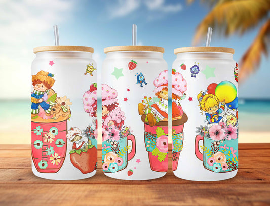 Cartoon 80s Glass Can, 80s cartoons png, rainbow girl floral Libbey Glass Can 16oz, rainbow brite Glass Can Png, Retro 80s cartoons wrap