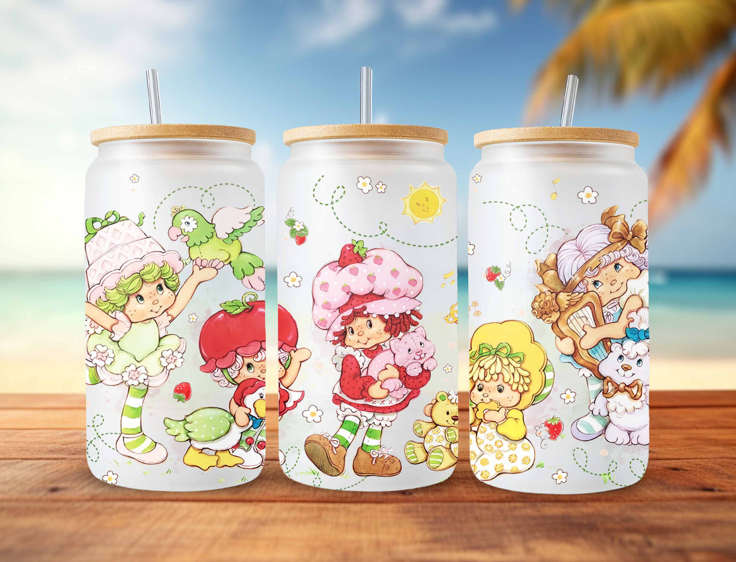 Strawberry Glass Can Png, Cartoon 80s Can Glass, 80s cartoons png, rainbow girl Libbey Glass Can 16oz, Retro 80s cartoons Tumbler Wrap