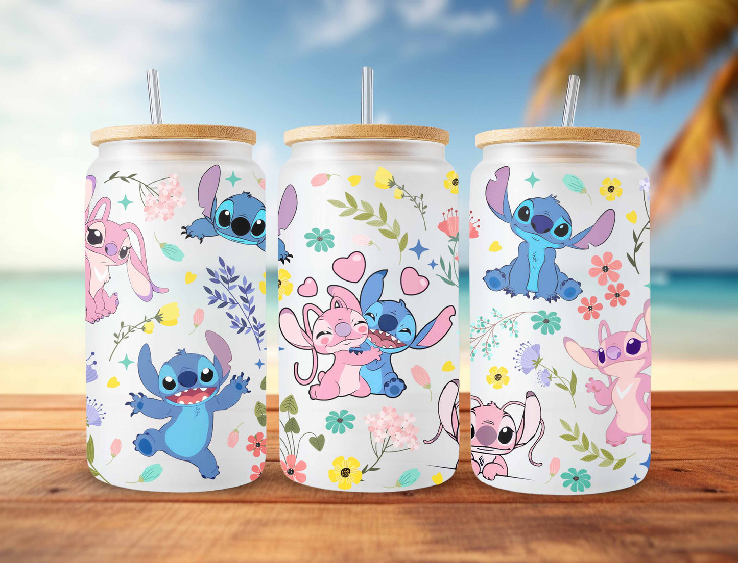 Stitch Spring Day Can Glass, 16oz Glass Can Wrap, 16oz Libbey Can Glass, Flower Tumbler Wrap, Full Glass Can Wrap, Cartoon Tumbler, Flowers