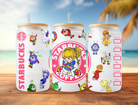 Cartoon 80s Can Glass, 80s cartoons png, rainbow girl Libbey Glass Can 16oz, rainbow brite Starbucks wrap, Retro 80s cartoons Tumbler Wrap