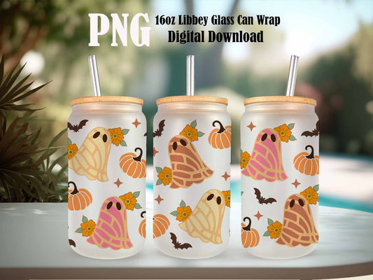 Spooky Conchas 16oz Libbey Glass Can, Pumpkins, Mexican Pan Dulce Ghost, Dia de Muertos, Conchas Ghost, Cafecito, Fall Vibes Png Download