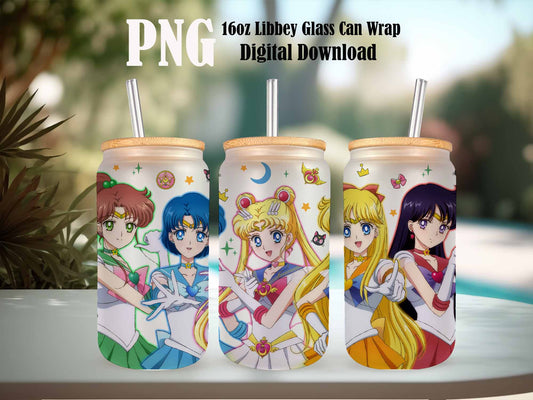 Anime Sailor Girls Tumbler Wrap, Libbey 16ozGlass Can Design, Anime Tumbler - Sublimation Design Digital Download - PNG Active