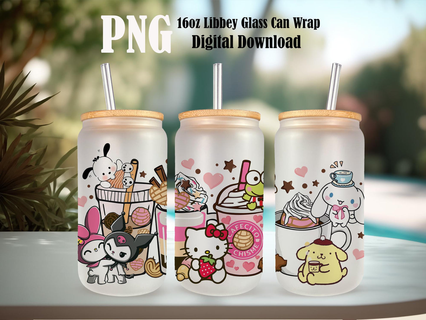 Kitty and Friends Pink Cat PNG, 16oz Glass Can Wrap, 16oz Libbey Can Glass, Tumbler Wrap, Full Glass Can Wrap, Cartoon Tumbler