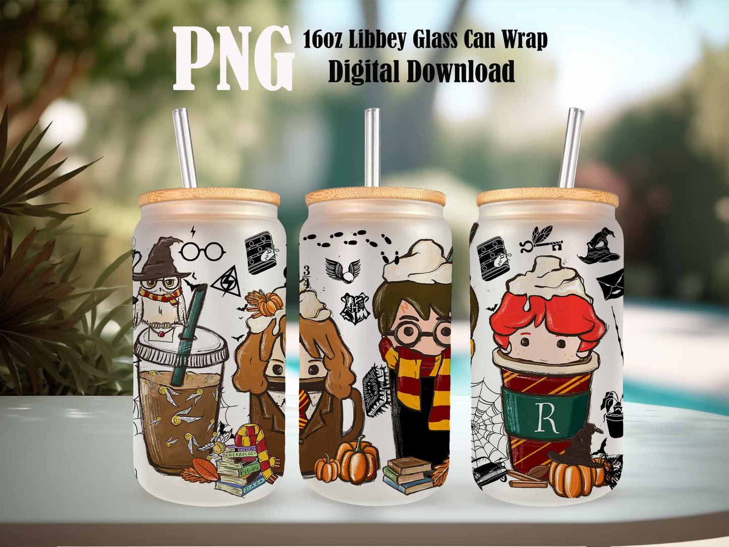 Wizard School Potterhead Coffee Glass Wrap png, 16oz Libbey Glass Can Wrap, Trick Or Treat, Spooky Vibes, Halloween Fall Autumn Coffee Wrap