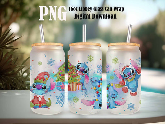 Stitch Watercolor Can Glass Wrap, 16oz Can Glass, Libbey Can Glass, Stitch Christmas Wrap, Cartoon Tumbler Wrap, Png Instant Download