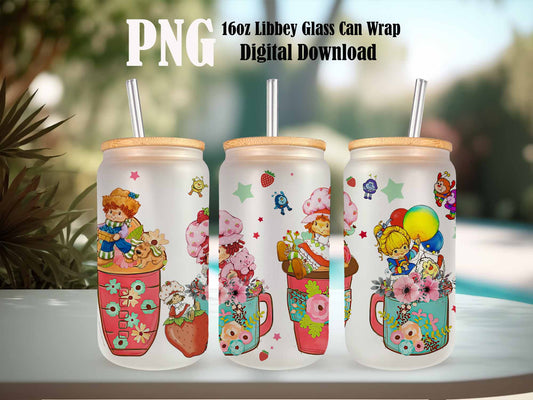 Cartoon 80s Glass Can, 80s cartoons png, rainbow girl floral Libbey Glass Can 16oz, rainbow brite Glass Can Png, Retro 80s cartoons wrap