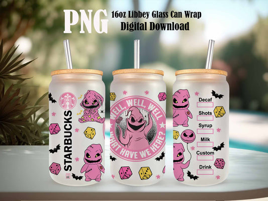 Pink Cartoon Tumbler Wrap,16oz Can Glass, Halloween Can Glass, Libbey Glass Can, Spooky Vibes, Spooky Season, Horror Movie, Horror Can Glass Png