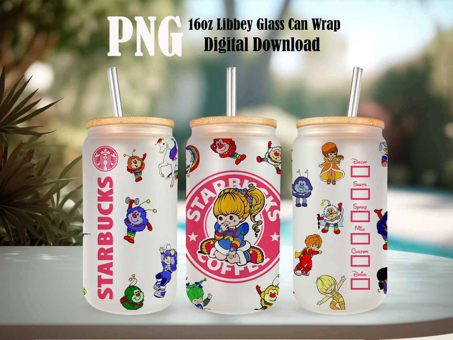 Cartoon 80s Can Glass, 80s cartoons png, rainbow girl Libbey Glass Can 16oz, rainbow brite Starbucks wrap, Retro 80s cartoons Tumbler Wrap