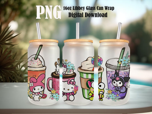 Kitty and Friends Pink Cat PNG, 16oz Glass Can Wrap, 16oz Libbey Can Glass, Tumbler Wrap, Full Glass Can Wrap, Cartoon Tumbler