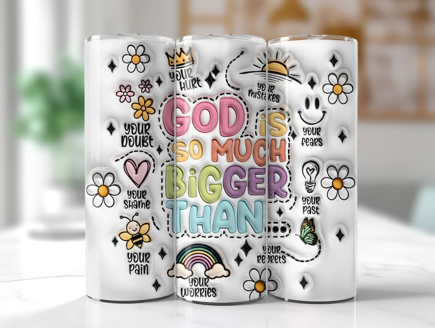 3D God is Bigger Inflated Tumbler Wrap, Retro Christian Inflated Tumbler Wrap, 3D Faith Bible Verse Inflated Tumbler Wrap, 3D Puffy Daisy - VartDigitals