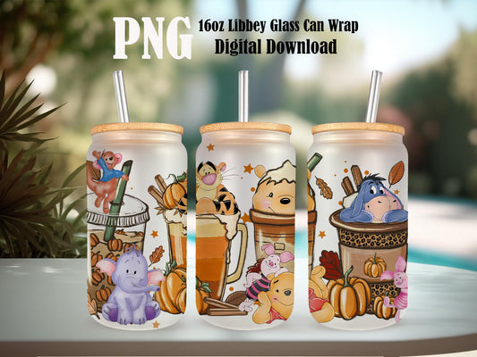 Pooh and Friend 16oz Glass Can Png, Halloween Coffee, Autumn Coffee, Fall Vibes, Fall Coffee, Spooky Season