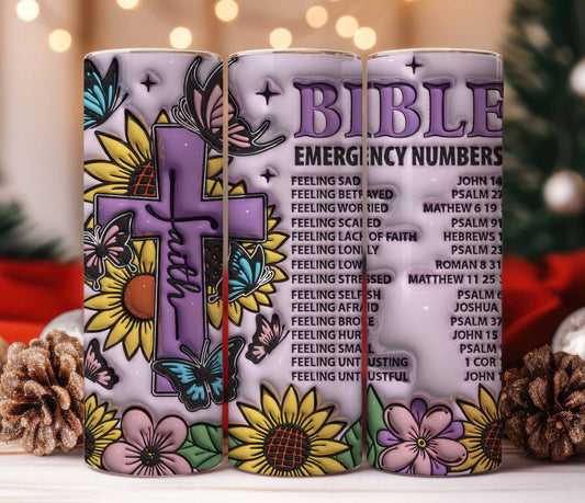 Unlock Divine Inspiration: 3D Bible Emergency Number Inflated Tumbler Sublimation Design, Floral Christian Tumbler Design Png, Religious Faith Tumbler Png - VartDigitals