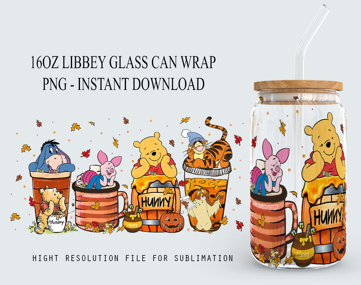 Winnie The Pooh Halloween Designs 16oz Libbey Glass Can Tumbler, Hallothankmas Pooh Design Glass Can png,16oz Libbey Wrap PNG, Halloween Png 3