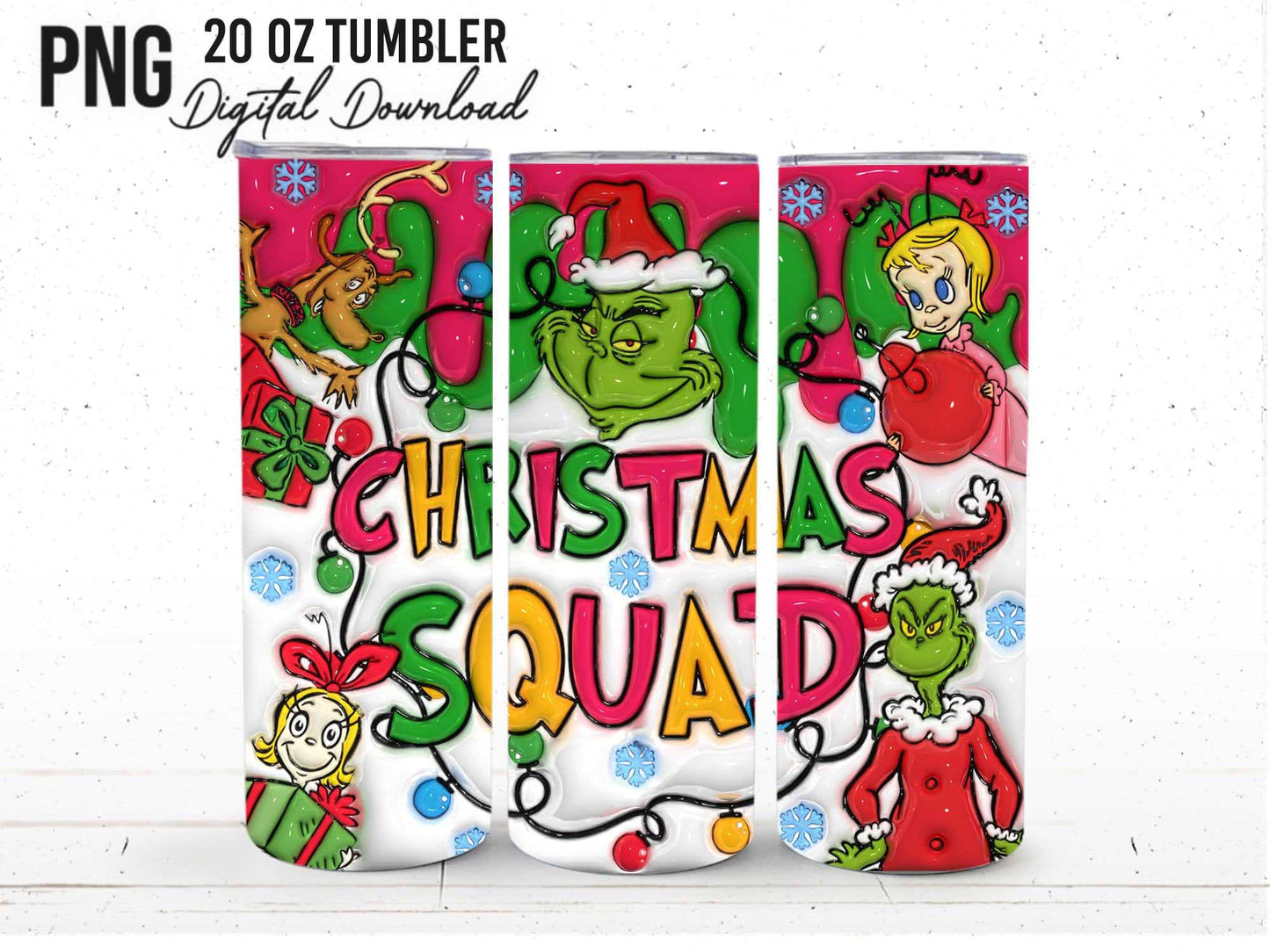 Inflated Pink  Christmas Tumbler Design Png, 3D Christmas Squad Tumbler Wraps 20oz Skinny Sublimation, Merry Grinchmas, Merry Christmas Wrap