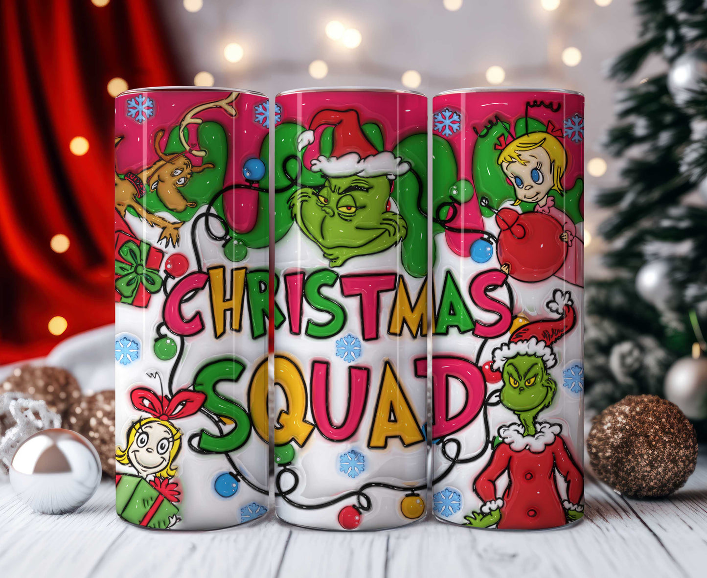Inflated Pink  Christmas Tumbler Design Png, 3D Christmas Squad Tumbler Wraps 20oz Skinny Sublimation, Merry Grinchmas, Merry Christmas Wrap