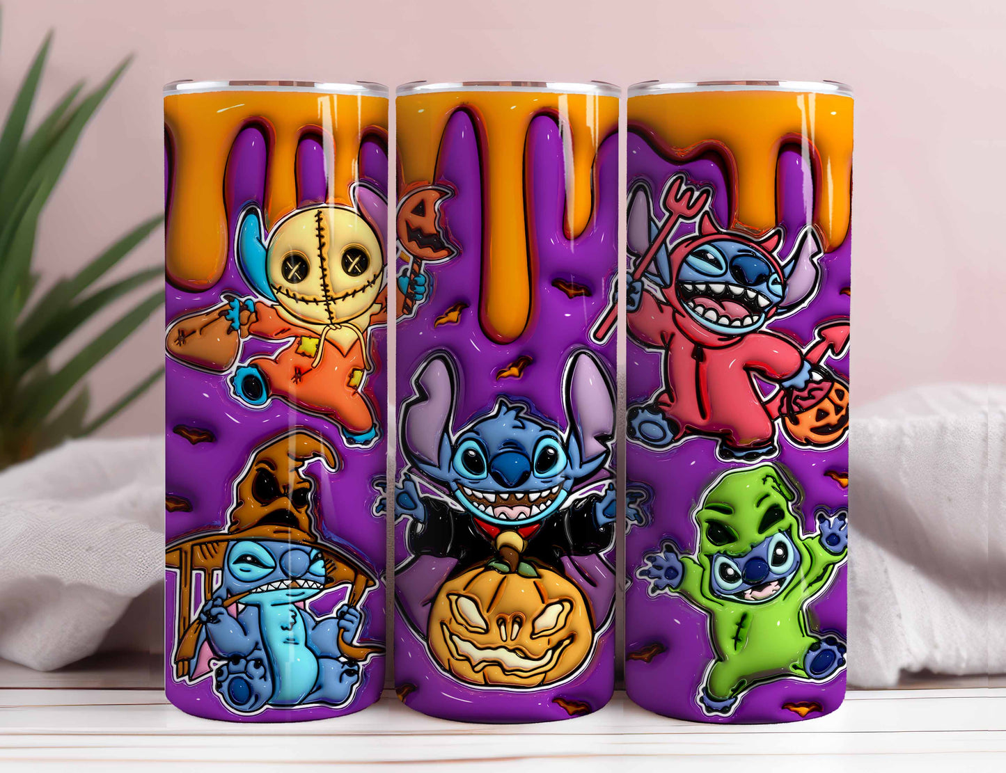 Inflated Stitch Halloween Tumbler Design Png, 3D Spooky Vibes Tumbler Wraps 20oz Skinny Sublimation Digital Downloads 3D Puffy Design