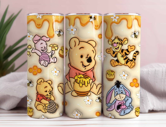 Inflated 3D Cartoon Bear 20oz Skinny Tumbler PNG, Inflated 20oz Sunflowers Skinny Sublimation, 3D Puffy Pooh Bear Tumbler, Cartoon Tumbler