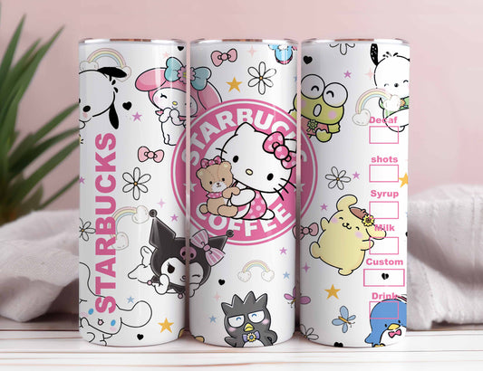 Kitty Coffee Tumbler PNG, Spring Flower Pink Cat PNG, 20oz Straight Skinny Wrap, Cartoon Tumbler, Tumbler Wrap, Full Tumbler Wrap