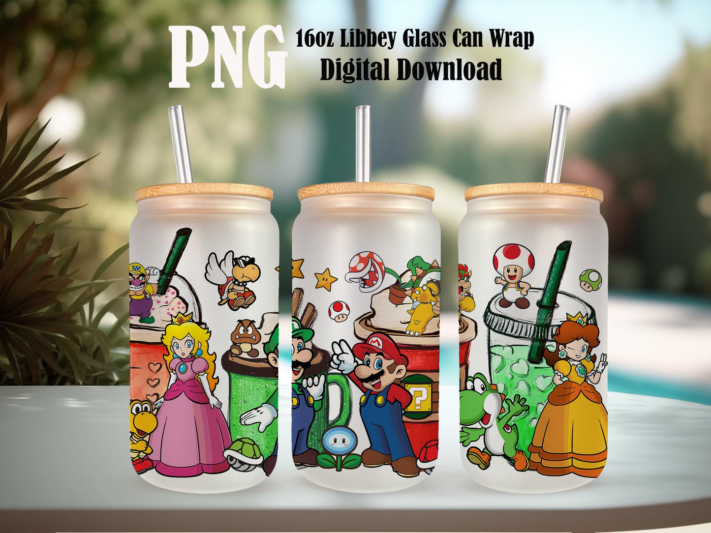 Cartoon Mario Coffee, 16oz Libbey Glass Can, Game Tumbler, Game Lovers, Cartoon Tumbler Wrap, Can Glass Wrap, Png Instant Download