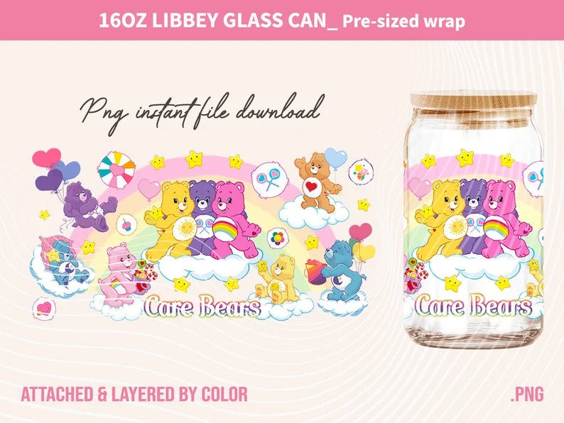 Bears Cartoons 16oz Wrap, 16oz Libbey Glass Can, Frosted Can Glass, Sublimation Design, Rainbow Design, Cute Bears Wrap,Cute Cartoon Design - VartDigitals