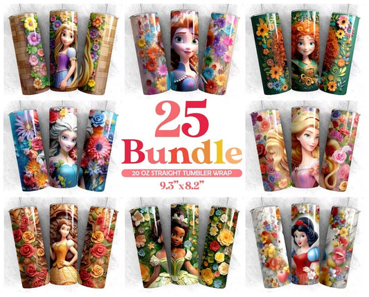 Bundle 3d Cartoon princess Tumbler Design  Sublimation Designs Downloads, Digital download, 20 oz tumbler sublimations, Digital file