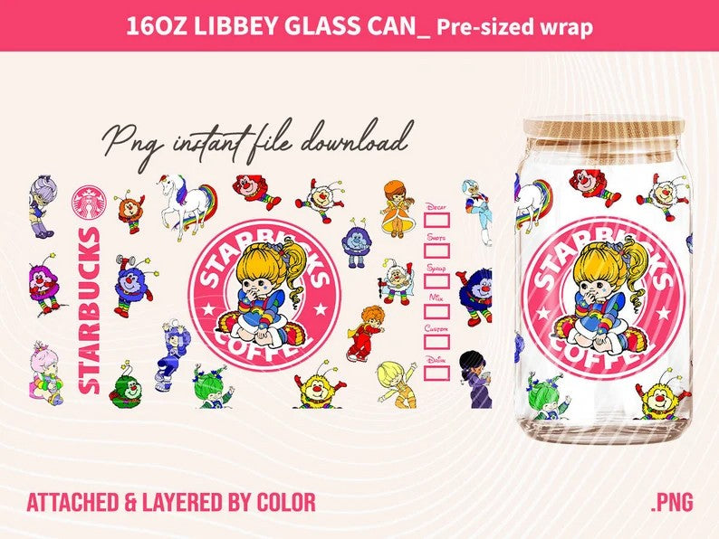 Cartoon 80s Can Glass, 80s cartoons png, rainbow girl Libbey Glass Can 16oz, rainbow brite Starbucks wrap, Retro 80s cartoons Tumbler Wrap