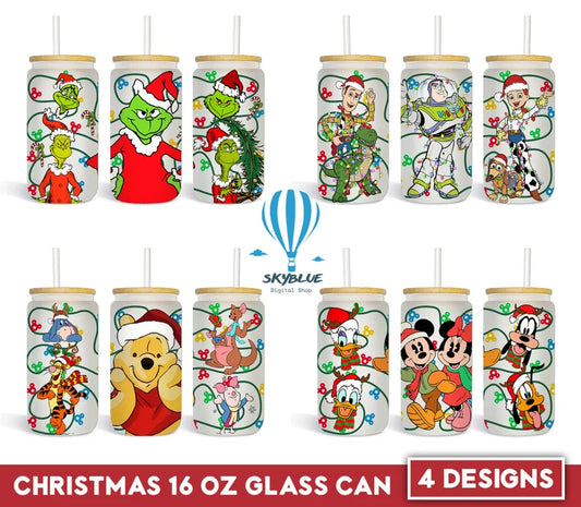 Cartoon Christmas Light 16oz Glass Can Png, 16oz Libbey Can Glass, Christmas Tumbler Wrap, Full Glass Can Wrap, PNG Instant Download