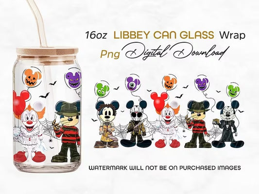 Mickey Horror png, Mickey Horror 16oz Libbey can Glass, Horror characters full glass can wrap, funny horror tumbler wrap, horror sublimation