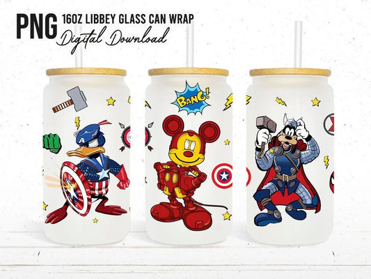 Mickey Superhero 16oz Glass Can Wrap, 16oz Libbey Can Glass, Mickey And Friends Avengers Tumbler Wrap, Full Glass Can Wrap, Cartoon Tumbler - VartDigitals