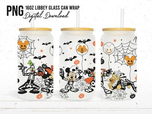 Mickey _ Friends Skeleton Halloween Libbey 16 oz Design, Trick or Treat 16oz Tumbler Full Wrap, Spooky Vibes, Mickey Skeleton Glass Can Png - VartDigitals