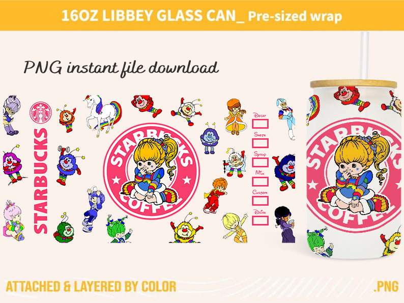 Cartoon 80s Can Glass, 80s cartoons png, rainbow girl Libbey Glass Can 16oz, rainbow brite Starbucks wrap, Retro 80s cartoons Tumbler Wrap