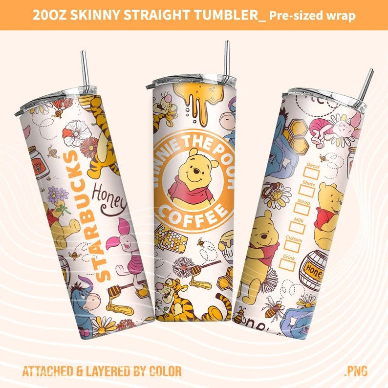 Pooh Spring Cartoon 20oz Skinny Tumbler Wrap Design PNG, Floral Skinny 20oz, Straight_Tapered Tumbler Design, Digital Download,Png Download - VartDigitals