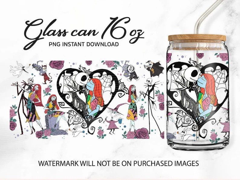 Scary Movie Nightmare Tumbler Wrap, Glass Can 16oz, Full Tumbler Wrap, Sublimation Design Digital Download, Jack And Sally Cup, Boo Bash - VartDigitals
