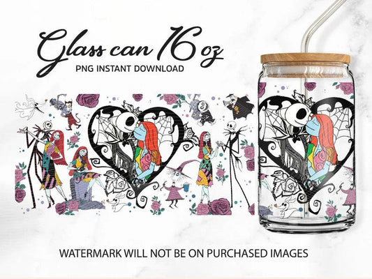 Scary Movie Nightmare Tumbler Wrap, Glass Can 16oz, Full Tumbler Wrap, Sublimation Design Digital Download, Jack And Sally Cup, Boo Bash - VartDigitals