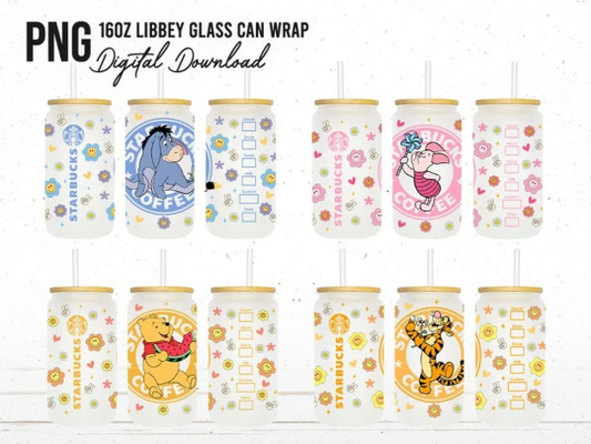 Spring Bear 16oz Glass Can Wrap, 16oz Libbey Can Glass, Flower Cartoon Tumbler Wrap, Full Glass Can Wrap, Floral Cartoon Glass Can Png - VartDigitals