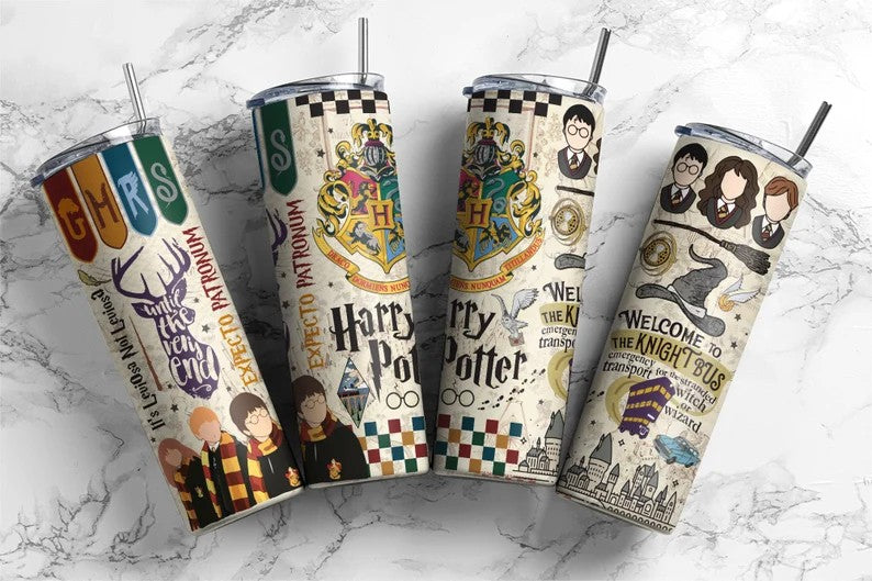 Harry Potter 20oz Tumbler PNG, Hogwarts Alumni, Magic Wand Symbol, Wizardy Houses