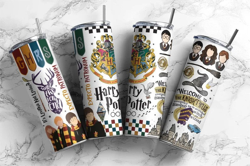 Harry Potter 20oz Tumbler PNG, Hogwarts Alumni, Magic Wand Symbol, Wizardy Houses