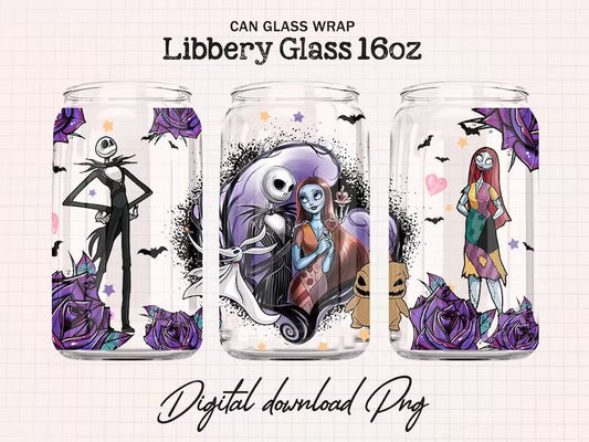 Scary Movie Nightmare Tumbler Wrap,16oz Can Glass, Jack And Sally Full Tumbler Wrap, Sublimation Design,Boo bash, Jack Skellington Can Glass