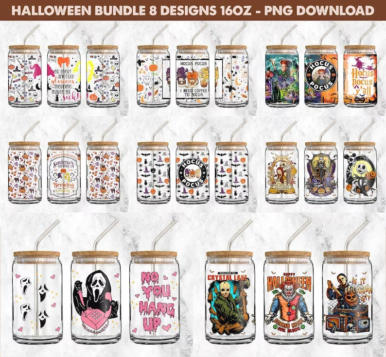 Bundle Halloween Can Glass Wrap, 16oz Can Glass, Trick or Treat, Boo Bash, Libbey Can Glass Wrap, Hocus Pocus Can Glass, Horror Movie Png - VartDigitals