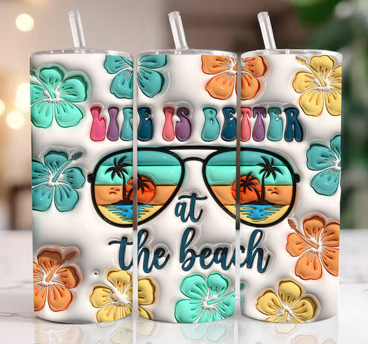 3D Summer Vibes Inflated Tumbler Wrap, 3D Life is better at the beach Tumbler Wrap, 3D Tropical Flowers Puffy 20oz Skinny Sublimation 3D - VartDigitals