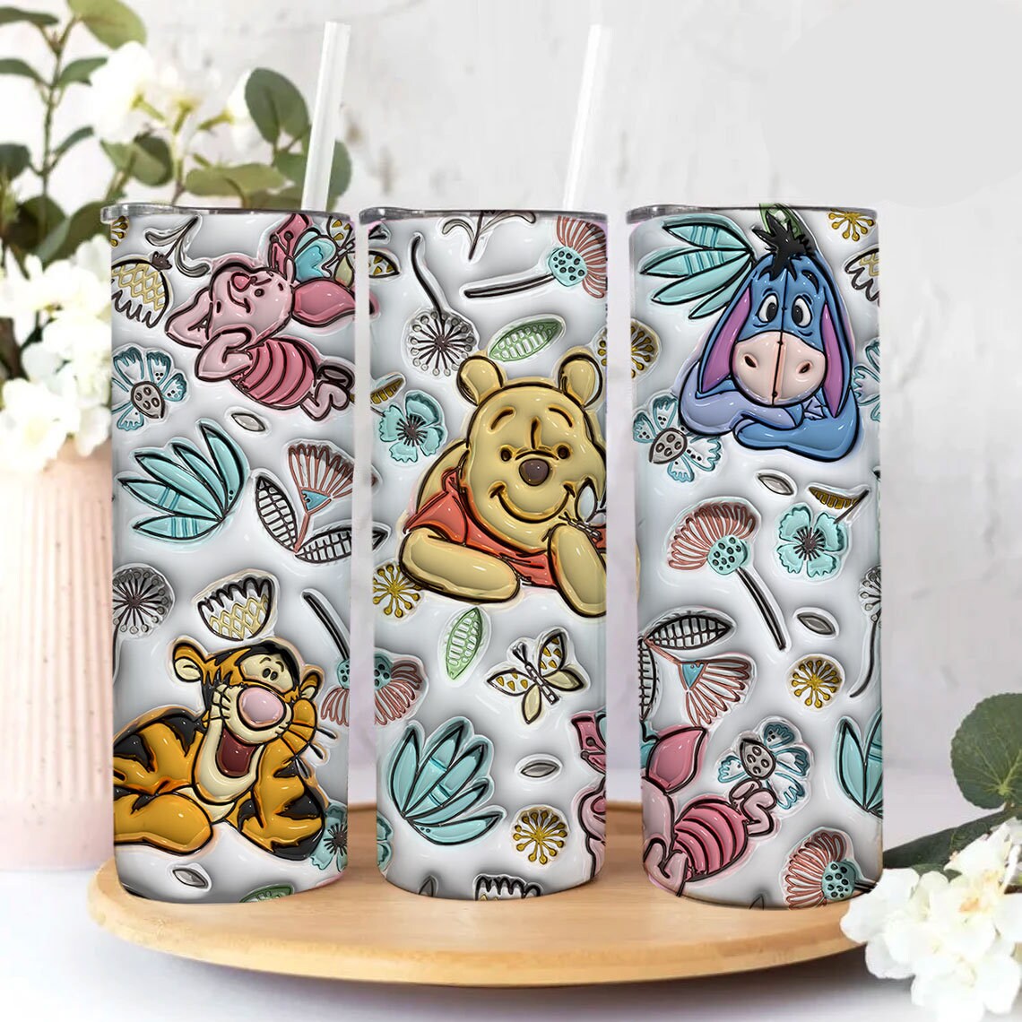 Inflated Cartoon Floral Tumbler Wrap Png, 3D Cartoon Tumbler Wrap, 20oz Sublimation, Cartoon Tumbler Png. 3D Floral Spring Inflated Png - VartDigitals