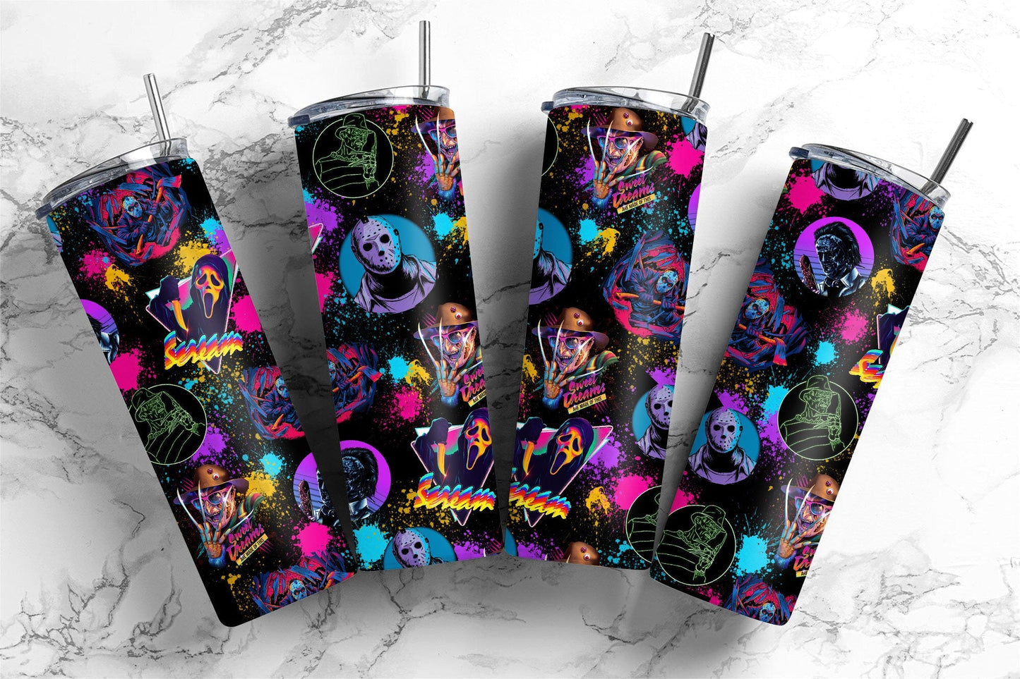 Horror Movies Characters Tumbler PNG, 20oz Skinny Tumbler PNG, Horror Characters Tumbler Wrap, Coffee Tumbler, Killers Neon tumbler - VartDigitals