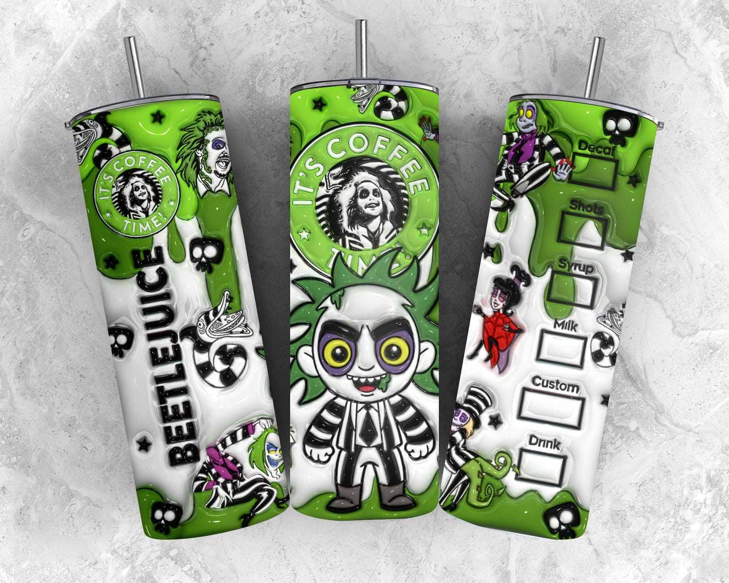3D Inflated Horror Character Halloween Tumbler Wrap, Beetle Juice Horror 20oz Tumbler, Halloween Wrap, Halloween Beetlejuice Tumbler Wrap