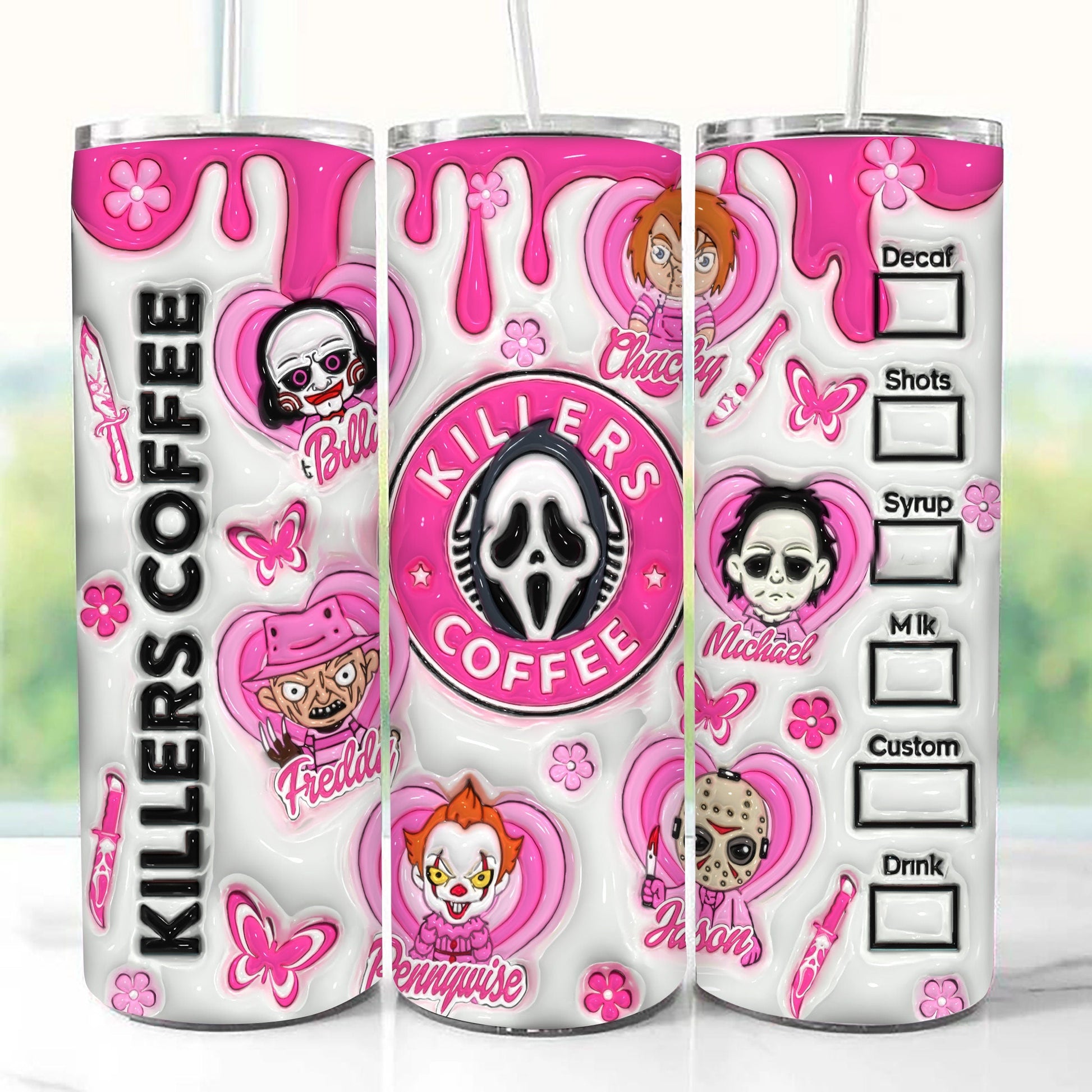 3D Inflated Horror Tumbler Png, 3D Inflated Halloween Wrap 20oz Skinny Sublimation, Pink Horror Characters Tumbler Png, Horror Movie Wrap - VartDigitals