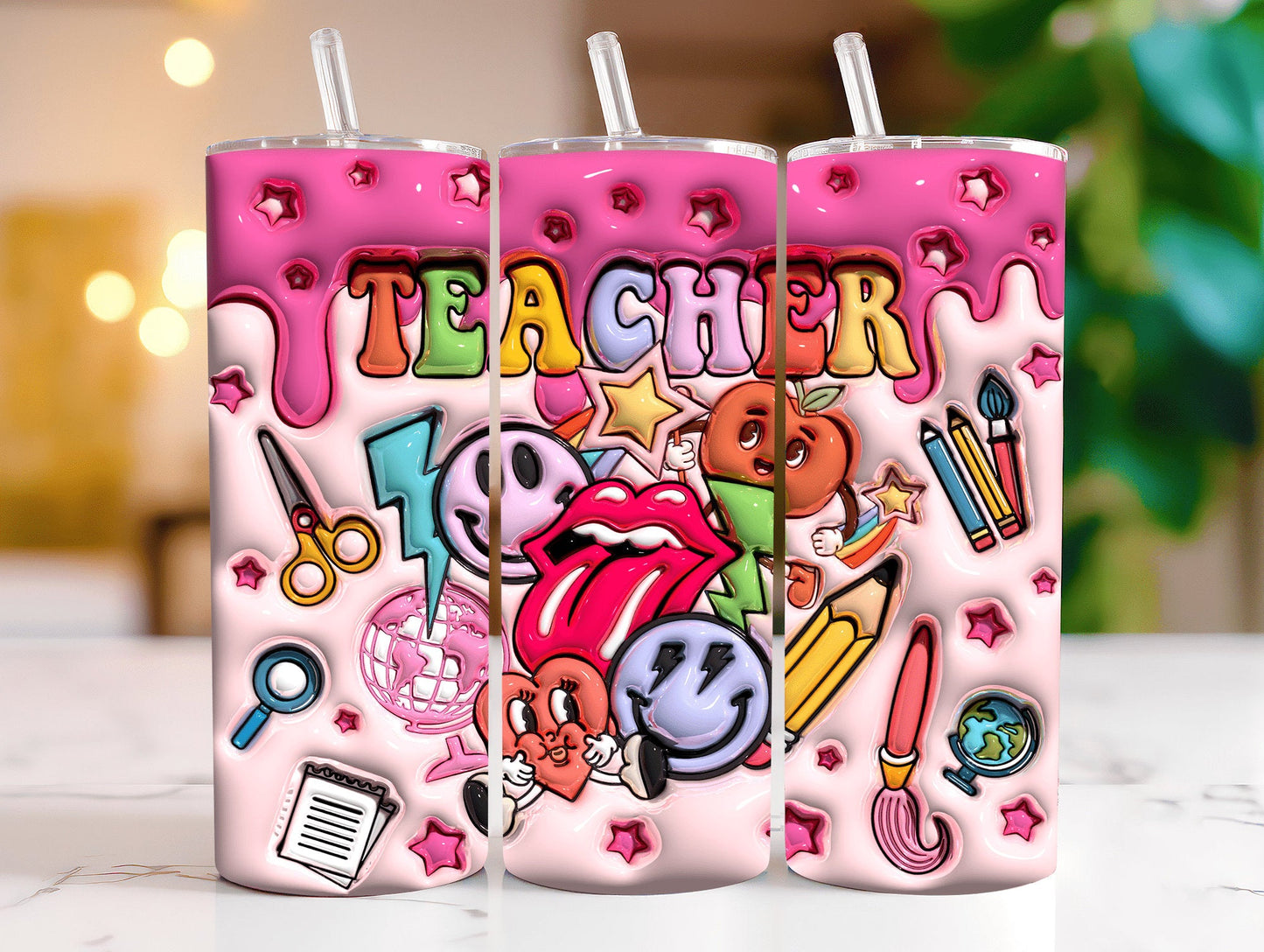 3D Inflated Teacher, Teacher Tumbler Wrap Bundle, 20oz Tumbler, Png download - VartDigitals