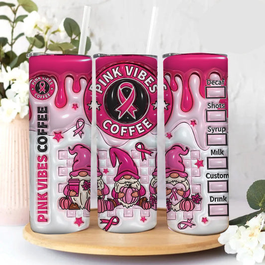 3D Pink Vibes Coffee Inflated Tumbler Sublimation Wrap, 3D Pink Ribbon Puffy Tumbler Wrap, 3D Gnomes Png, Breast Cancer Awareness - VartDigitals