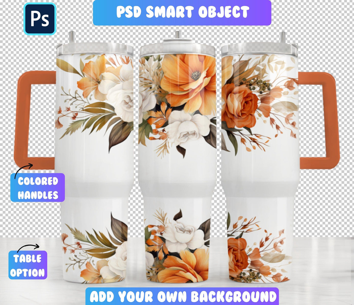 40 oz Tumbler Mockup  Add Your Own Background  40oz Quencher Mockup  PSD Smart Object Mockup  Full Wrap Mockup  4 Backgrounds Included - VartDigitals