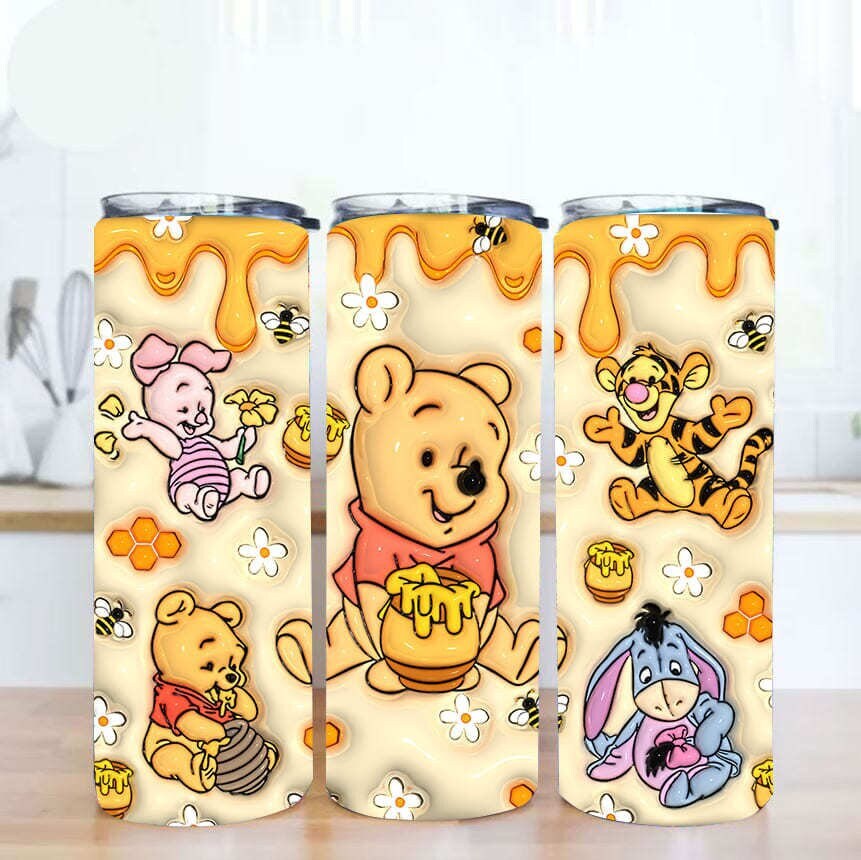 Inflated 3D Cartoon Bear 20oz Skinny Tumbler PNG, Inflated 20oz Sunflowers Skinny Sublimation, 3D Puffy Pooh Bear Tumbler, Cartoon Tumbler